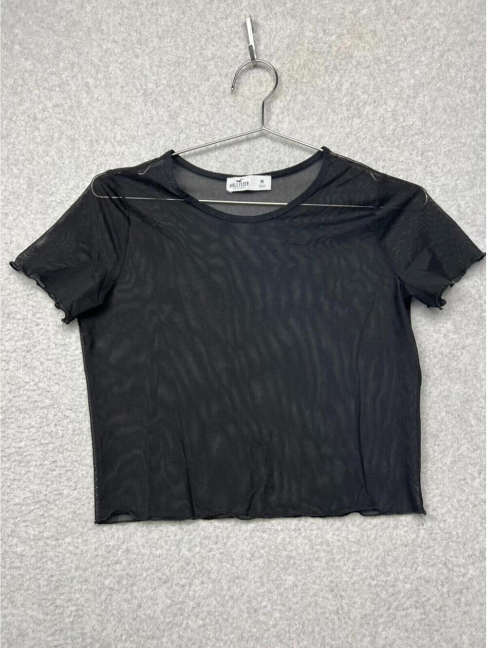Hollister Y2K Gothic Grunge Black Mesh Sheer Crop Top Tee Lettuce Trim M